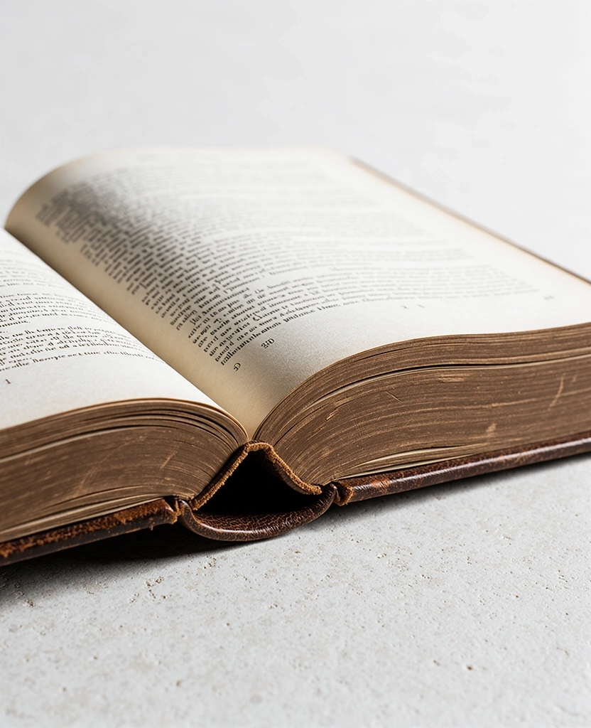 Open antique book on stone surface